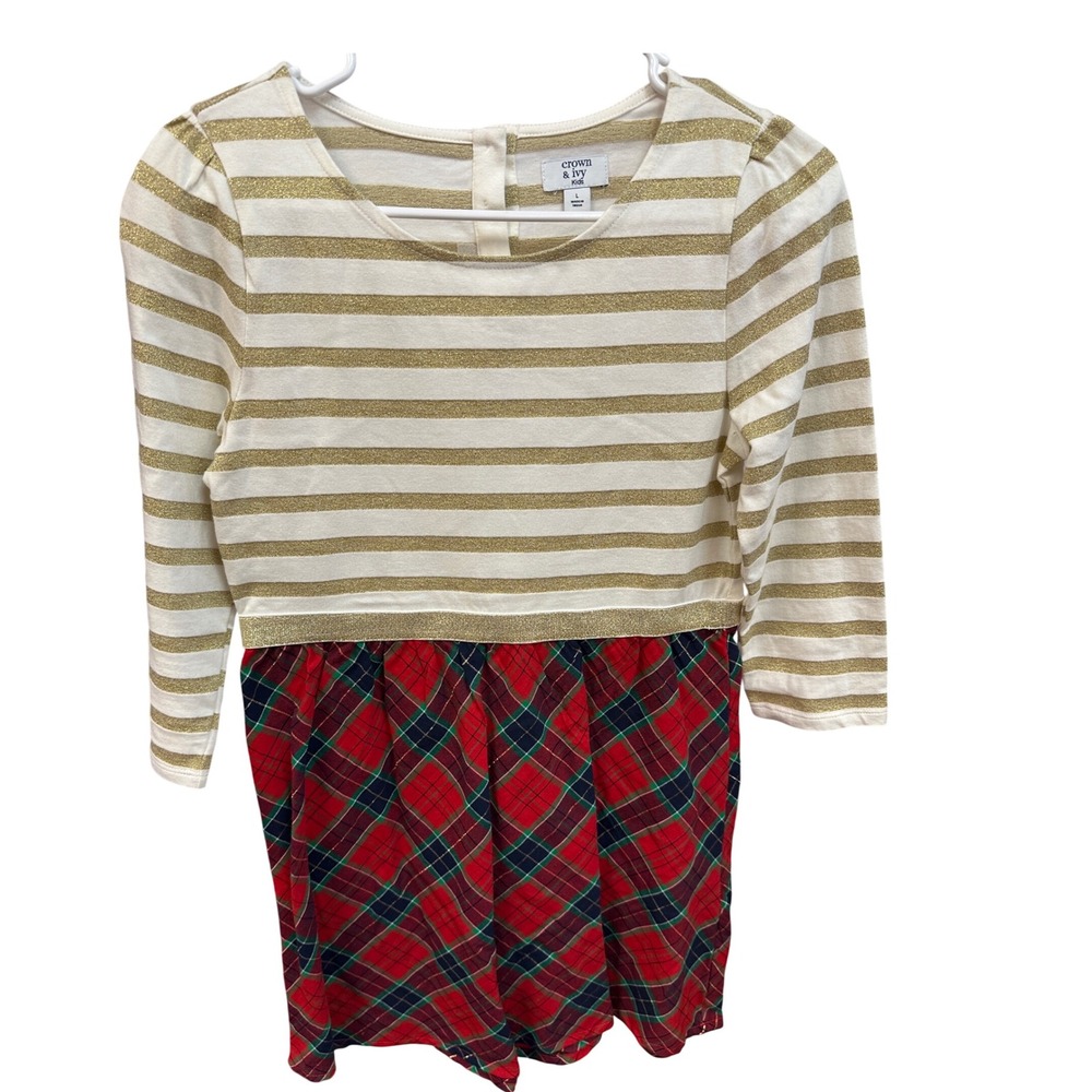 Crown & Ivy Kids Girls Size L Gold Stripe Plaid Christmas Dress Long Sleeve